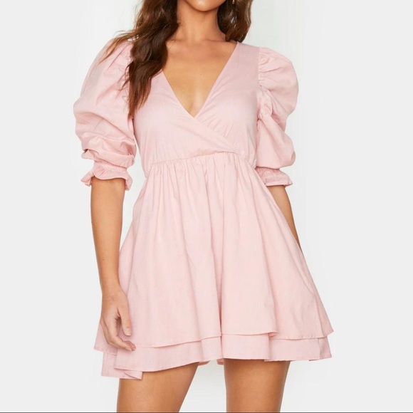 PrettyLittleThing Dresses & Skirts - Pink Puff Sleeve Wrap Front Tiered Skater Dress